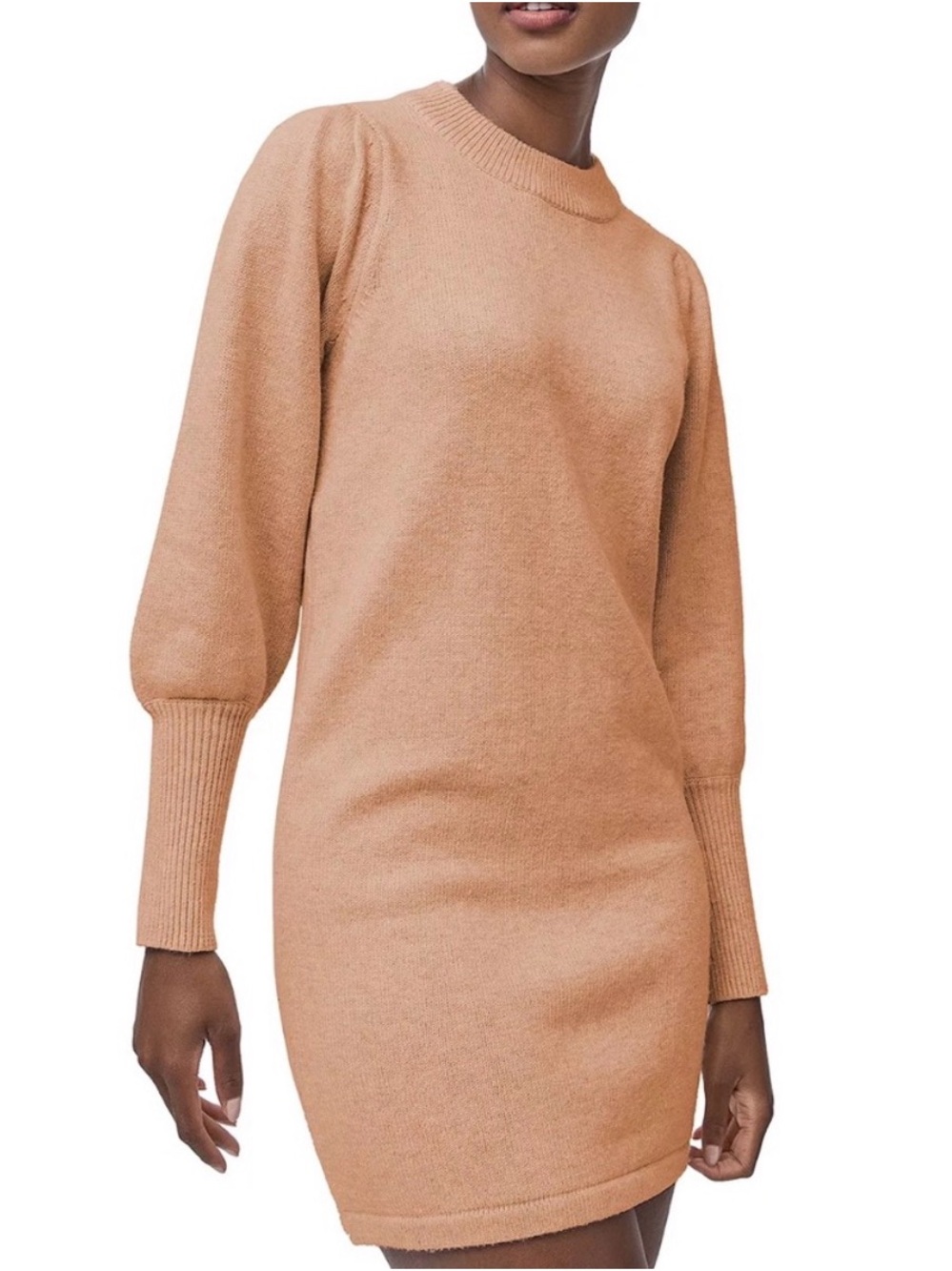 French Connection Camel Colored Puff-Sleeve Knit Dress